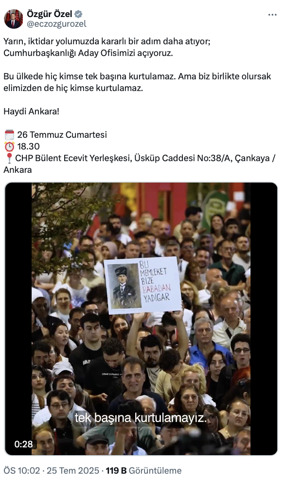 CHP lideri Özel'den Cumhurbaşkanlığı Aday Ofisi'nin açılışına davet: Biz birlikte olursak elimizden de hiç kimse kurtulamaz