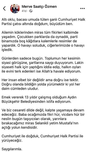 CHP Aydın İl Başkanı Saatçı’nın çocukları, Aydın Büyükşehir Belediyesi'nden istifa etti