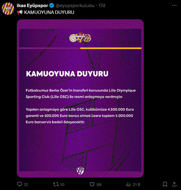 Eyüpspor'un milli kalecisi Berke Özer, Lille'e transfer oldu