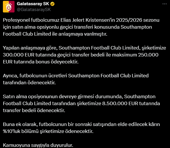 Galatasaray, Danimarkalı futbolcu Elias Jelert'i Southampton'a kiraladı
