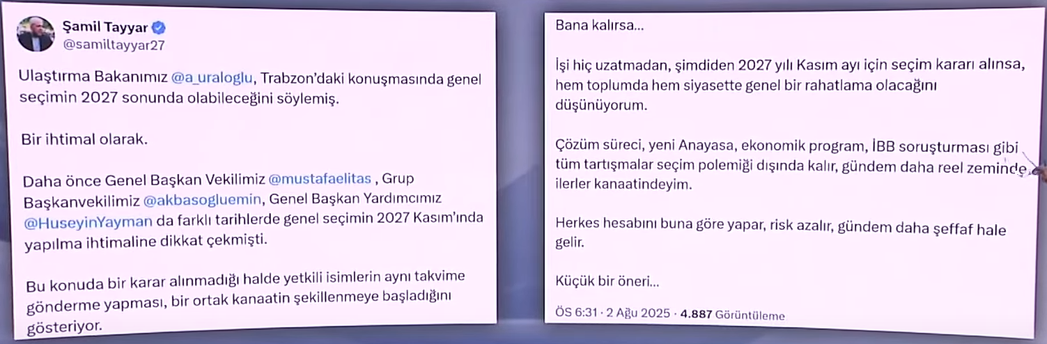 Şamil Tayyar, isim isim verdiği erken seçim paylaşımını sildi: Farklı tarihlerde 2027 Kasım’a dikkat çekildi